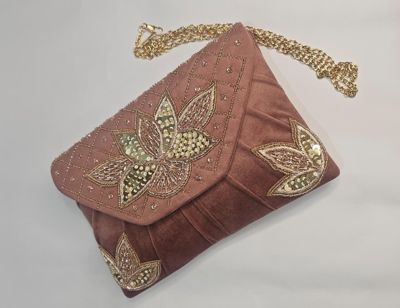 Trendy Handmade Party Clutch Velvet | New Design Velvet Embroidered Clutch For Women | Party Wear Hand Clutch With Golden Chain - Image 2