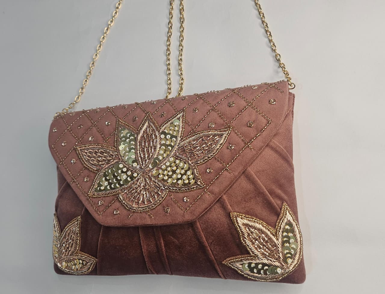 Trendy Handmade Party Clutch Velvet | New Design Velvet Embroidered Clutch For Women | Party Wear Hand Clutch With Golden Chain - Image 4