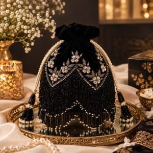 Black Embroidered Velvet Potli