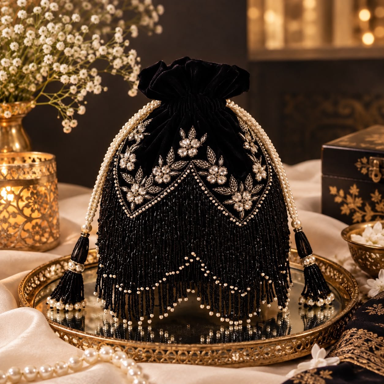 Black Embroidered Velvet Potli