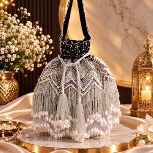 Toned Embellished Potli – Black and Silver