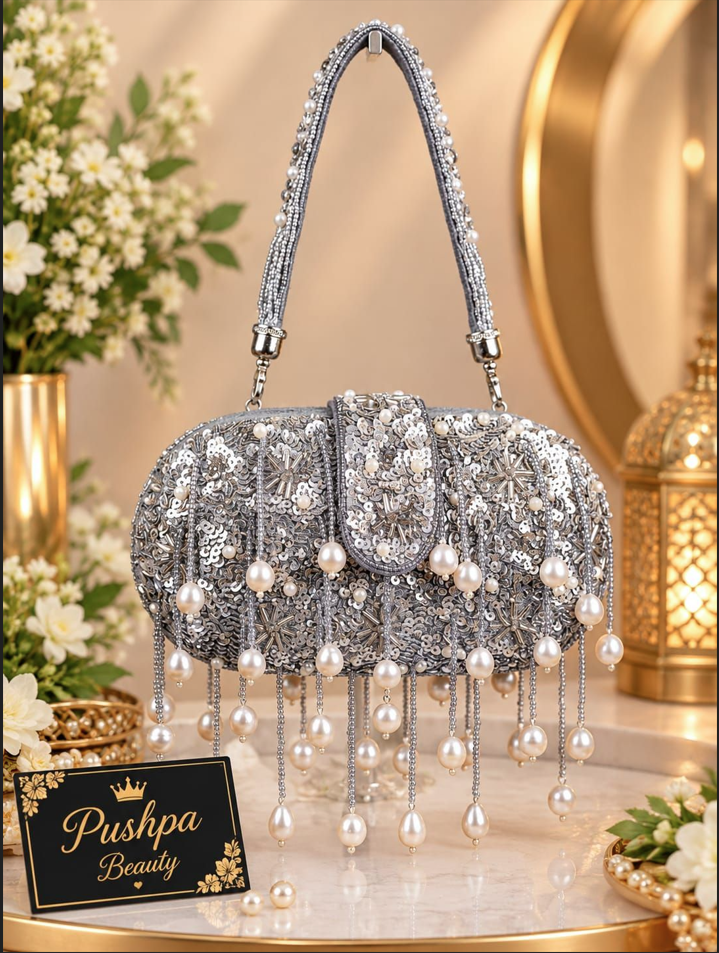 Women's Luxury Pearl Cascade Embroidered Clutch